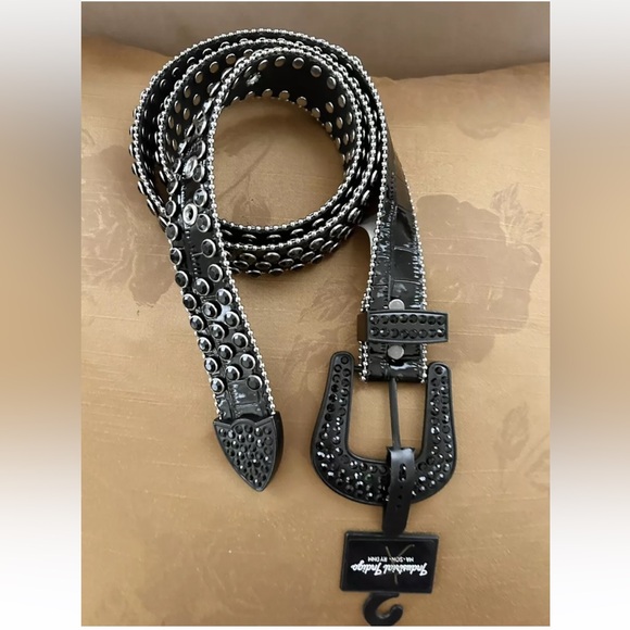 Industrial Indigo Black Rhinestone Studded Belt Unisex MWT Size 42 (Size XL) - Picture 3 of 12